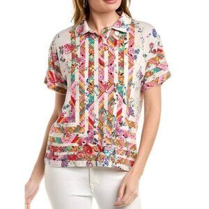 Johnny Was White Pink Floral Striped Azzy Flower Polo Shirt, Size Small